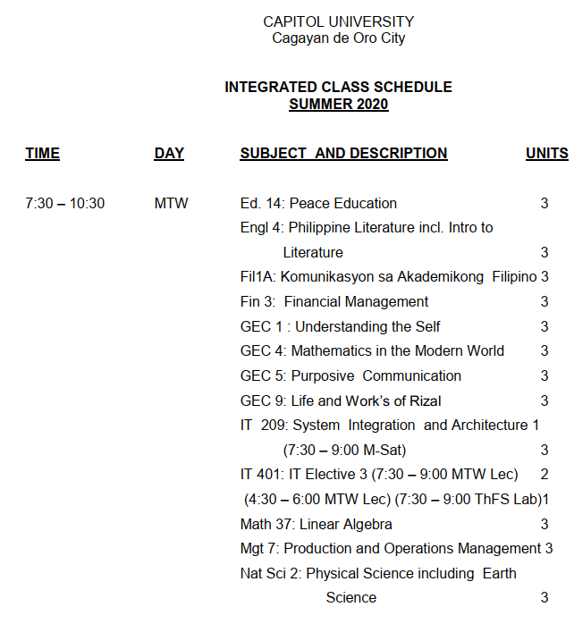 INTEGRATED CLASS SCHEDULE SUMMER 2020 – Capitol University